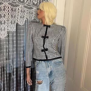 Vintage Cropped Bow Black White Blazer Jacket, 90s size 4